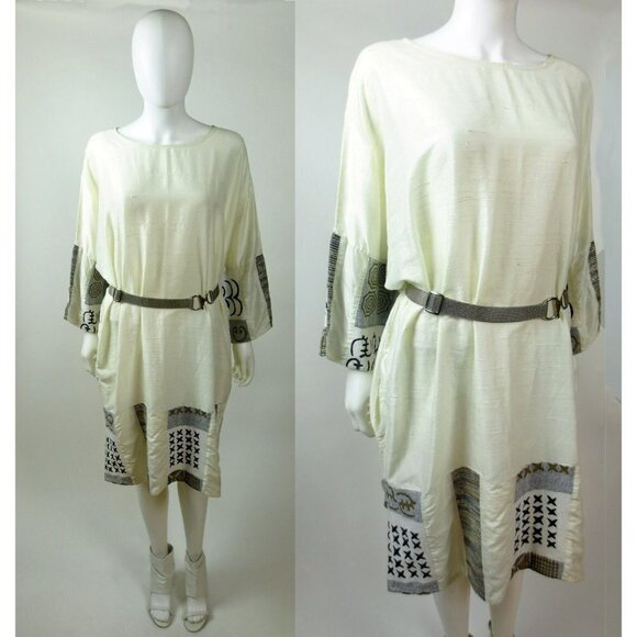 Vintage Boho White Embroidered Raw Silk Kaftan Dress - Picture 1 of 8